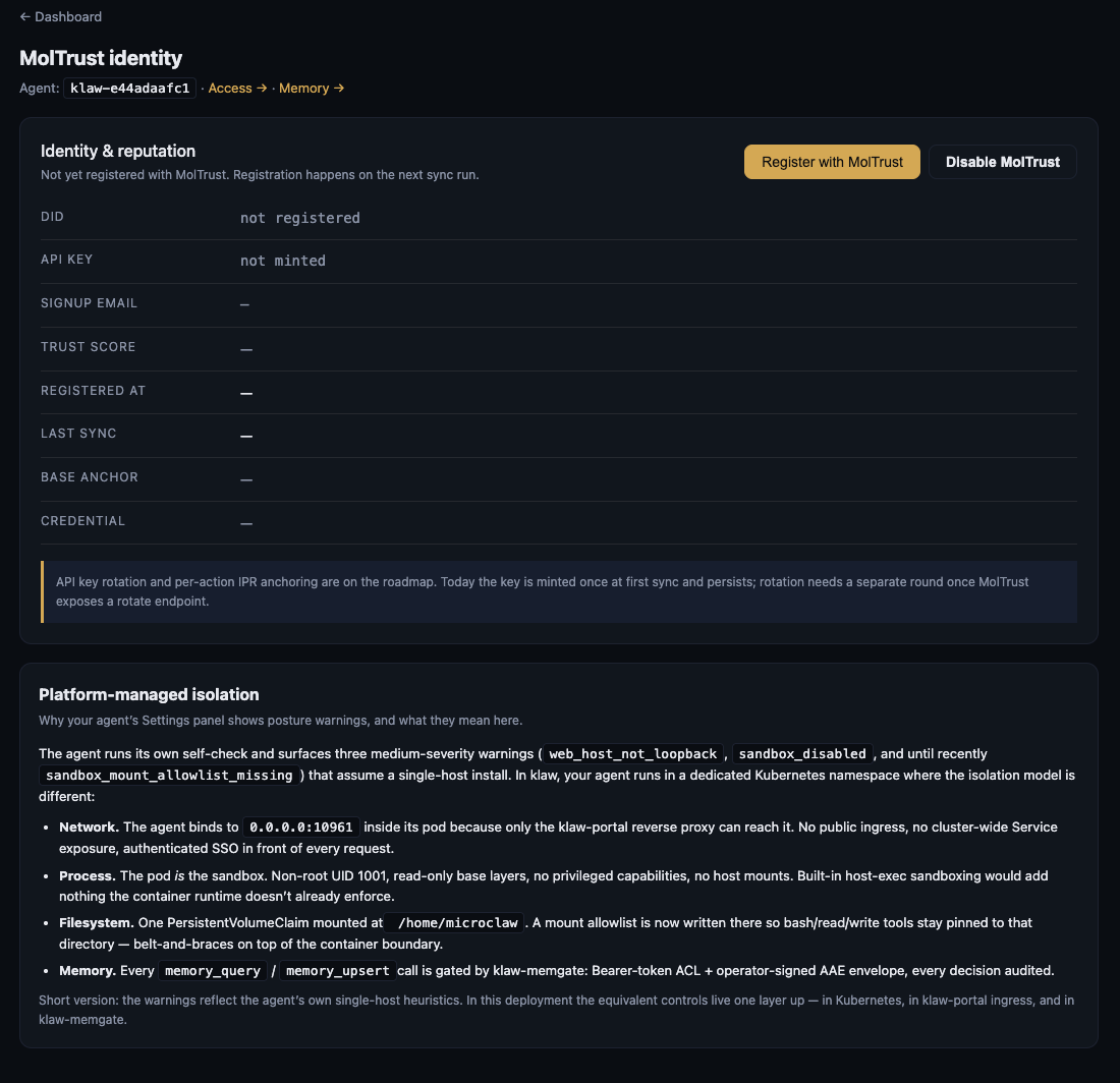 Trust tab — two cards stacked. Top card shows MolTrust identity: DID, API key, trust score, Base anchor link, credential, and Register / Disable MolTrust buttons. Bottom card explains platform-managed isolation (network, process, filesystem, memory).