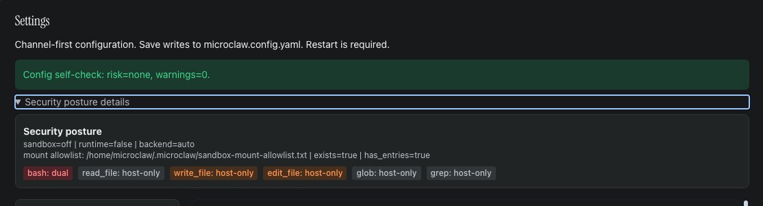 Config self-check banner (green, 'risk=none, warnings=0') with the 'Security posture details' accordion expanded, listing: active sandbox mode, runtime, memory backend, configured mount allowlist paths, and per-tool access mode (host-only vs dual) for bash / read / write.