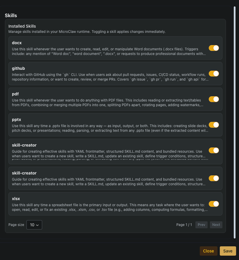 Runtime → Skills tab — paginated list of installed skills (docx, github, pdf, pptx, skill-creator, xlsx). Each row shows the skill name, a one-paragraph trigger / capability description, and a gold toggle on the right. Page size selector and pagination at the bottom.