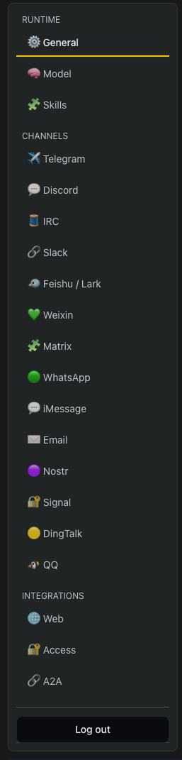 Settings left rail — Runtime (General, Model, Skills) at the top, then every channel adapter (Telegram, Discord, IRC, Slack, Feishu, Weixin, Matrix, iMessage, Email, Nostr, Signal, DingTalk, QQ, Web), followed by Access / A2A integrations.
